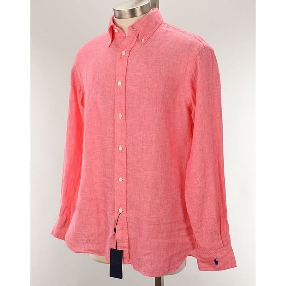 POLO RALPH LAUREN Pink Chambray Linen Custom Fit Long Sleeve Shirt LARGE NWT